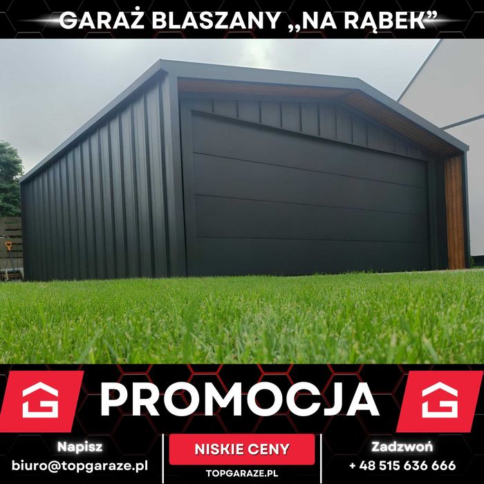 Garaż blaszany blacha NA RĄBEK 6x5,8m wypust dachu podbitka z lameli