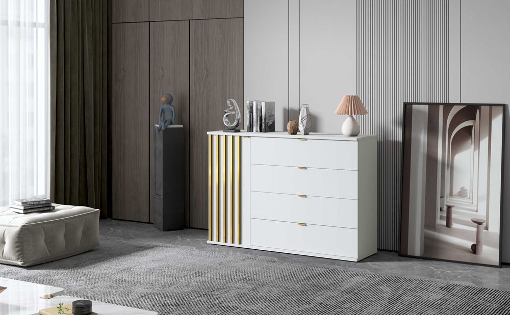 DUŻA komoda do salonu CZARNE złote uchwyty lamele 120 cm z szufladami