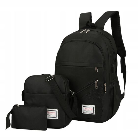 Plecak Czarny Zestaw 3W1 Torba Saszetka Piórnik Usb Szkolny P32