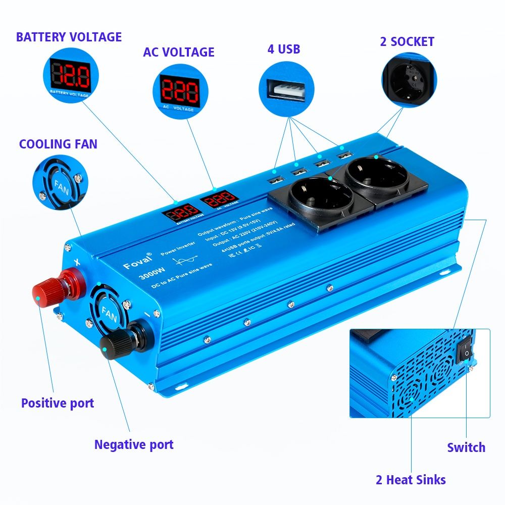 Инвертор Pure Sine Wave Foral 3000, 12V