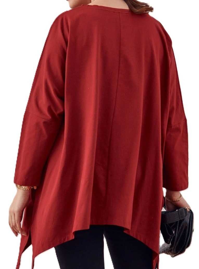 Tunika rozszerzana bordowa, długi rękaw, plus size, 2XL - 4XL