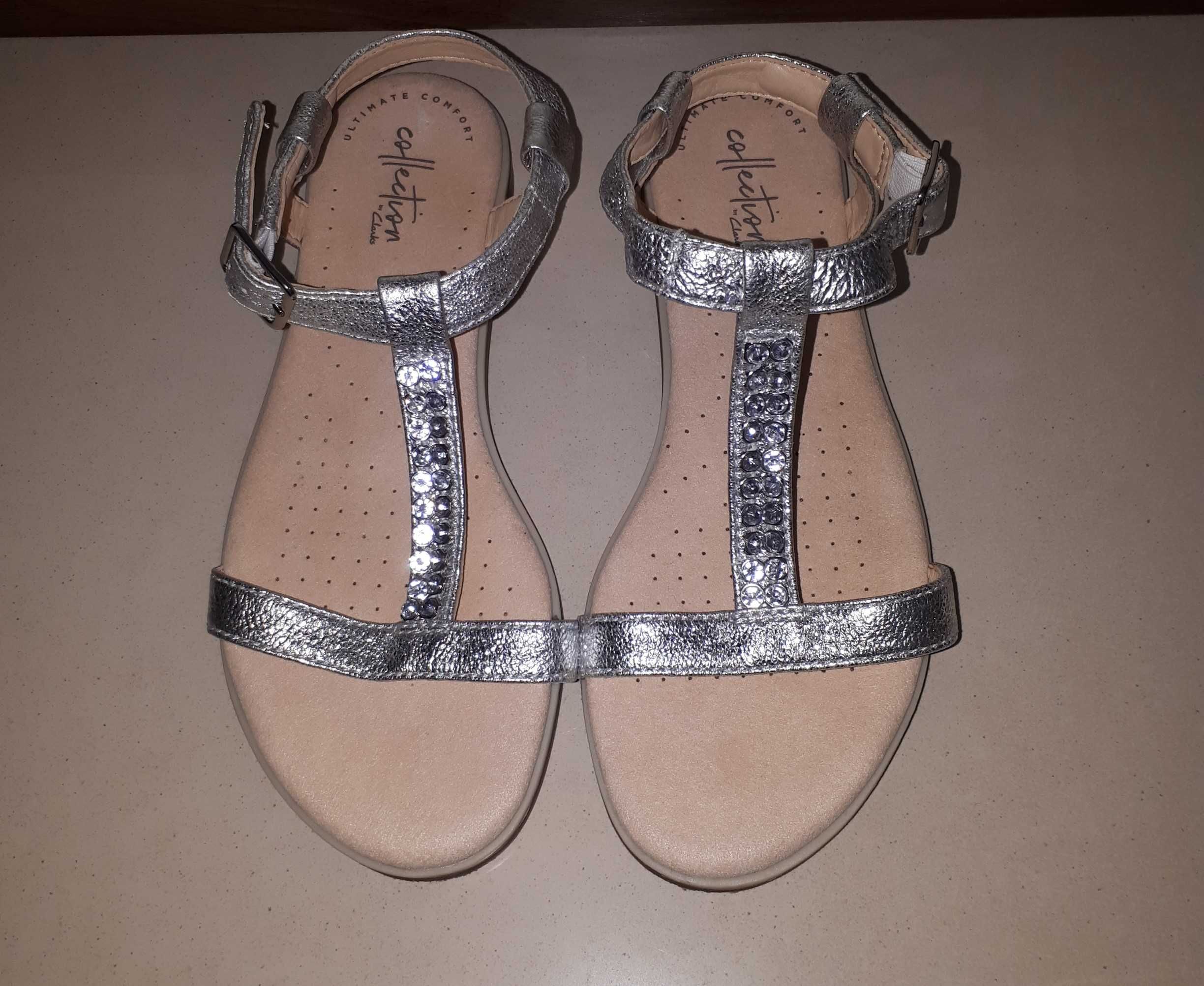Sandały srebrne Clarks 37,5 śliczne z kryształkami/cyrkoniami