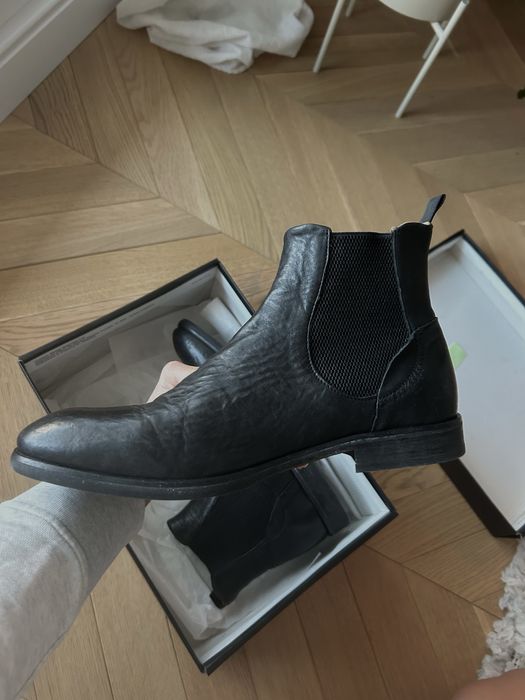 Sztyblety męskie skórzane Hudson London czarne za kostkę ręcznie szyte