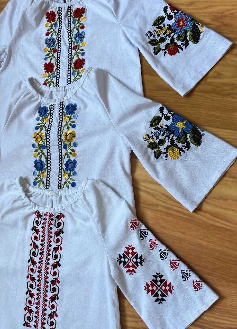 Вишиванка для дівчинки дитяча білий льон Рукав 3/4 святкова в школу