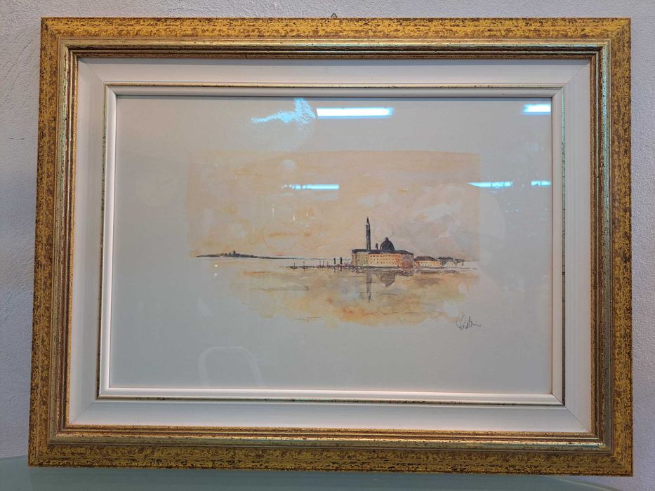 Obraz Wenecja akwarela na papierze druk kopia złoto żółta rama szkło