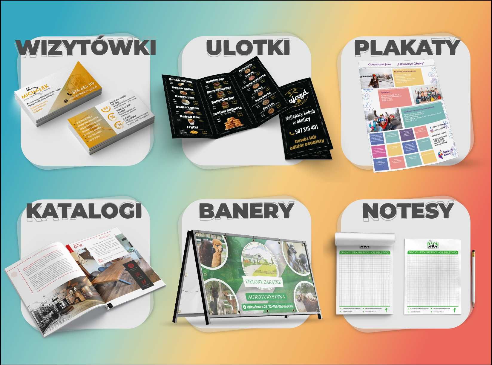 WIZYTÓWKI ulotki BANERY teczki NOTESY katalog NAKLEJKI szyld tabliczki