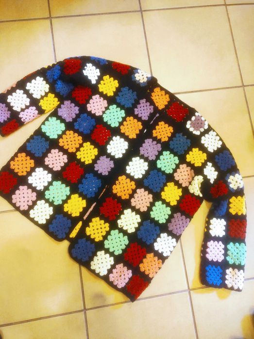 Żywy kolorowy Etno retro boho vintage wełniany sweter cardigan handmad