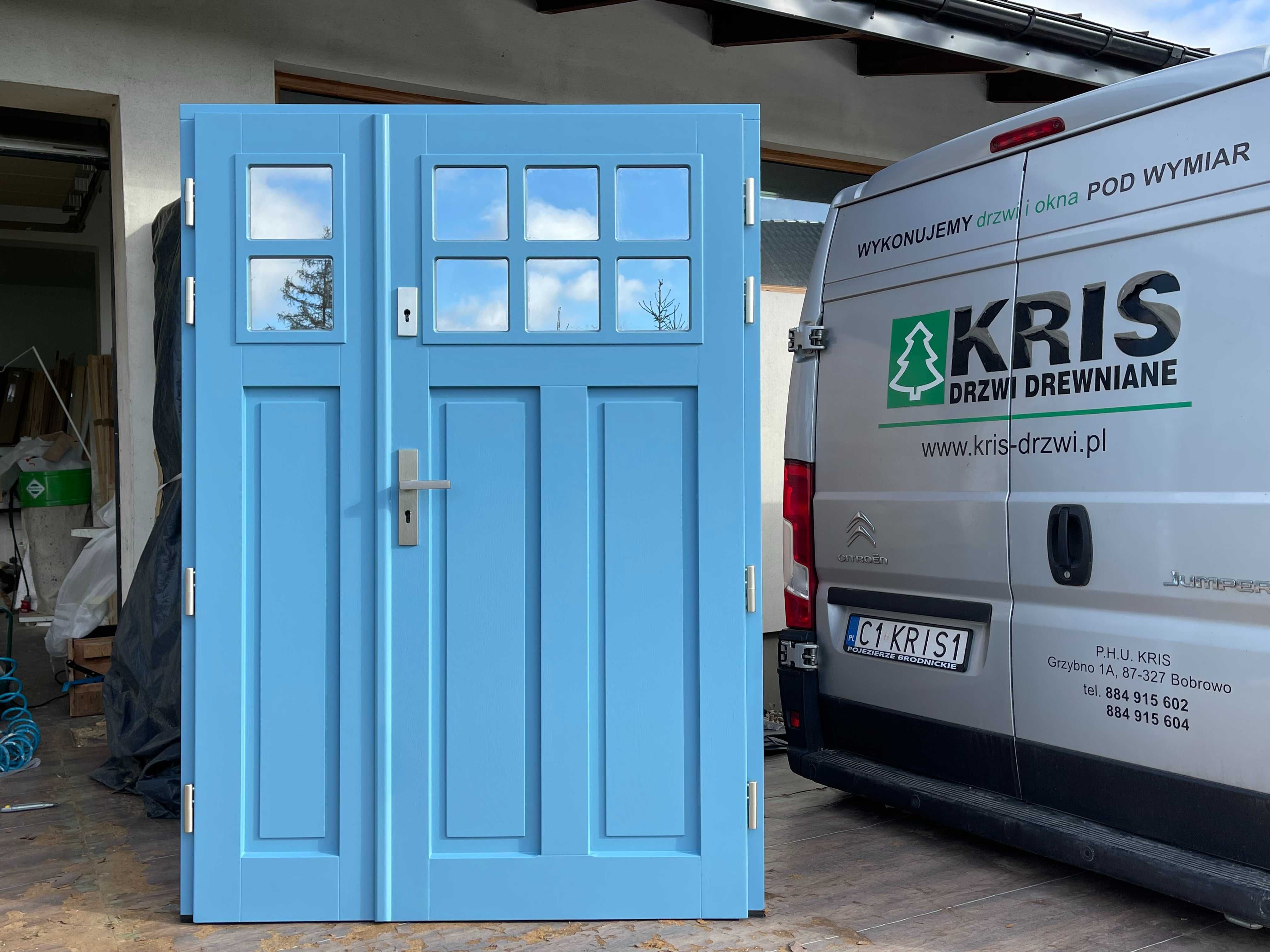 Drzwi zewnętrzne drewniane dwuskrzydłowe niebieskie  5024 CAŁA POLSKA