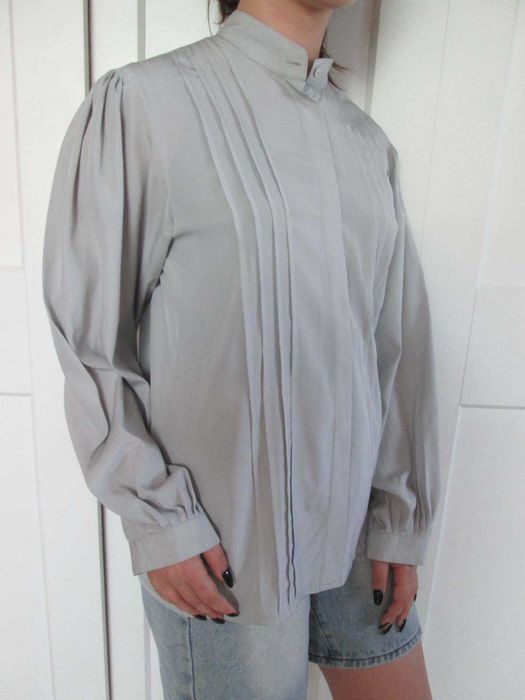 Bluzka vintage szara szerokie rękawy plisy M L 38 40