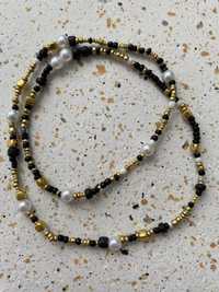Naszyjnik z koralików i perełek- czarno , złoto , biały