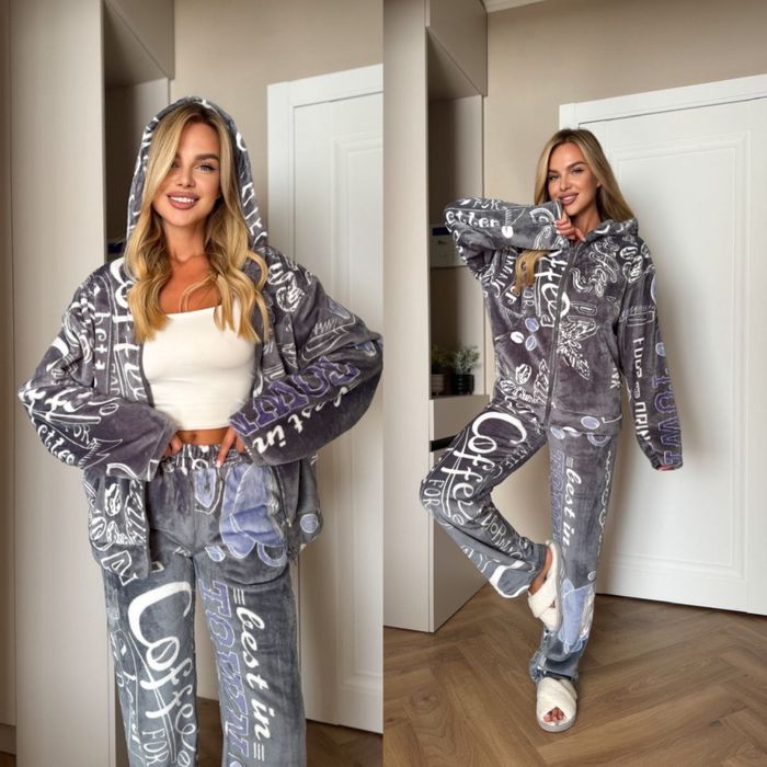 Женская махровая пижама турецкая кофта с капюшоном на молнии и штаны