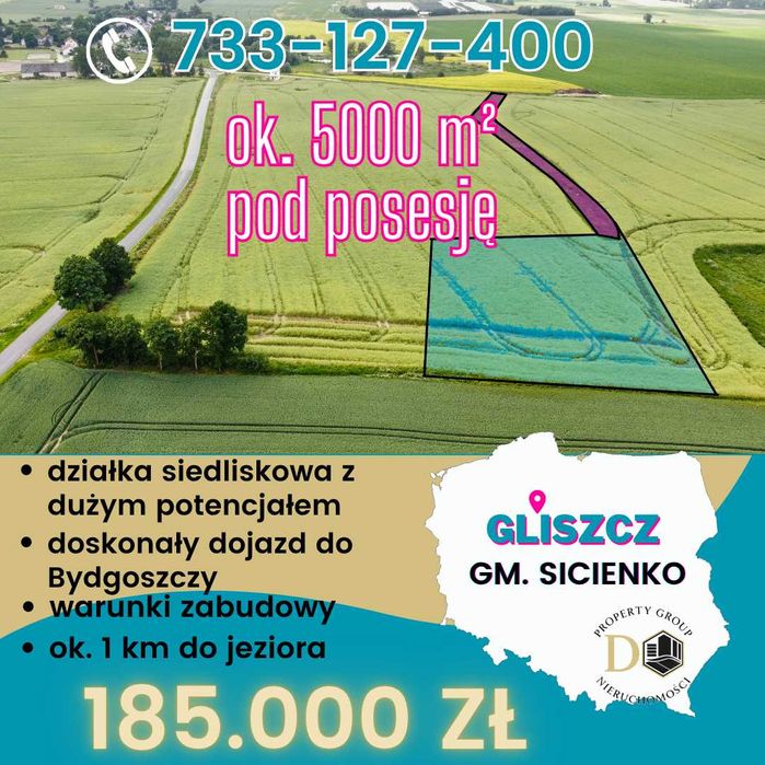 Duża działka w Gliszczu koło Bydgoszczy. Warunki zabudowy.