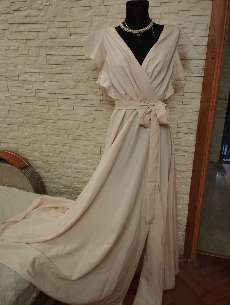 Pudrowa kopertowa sukienka Modello 42 maxi długa wesele komunia okazje