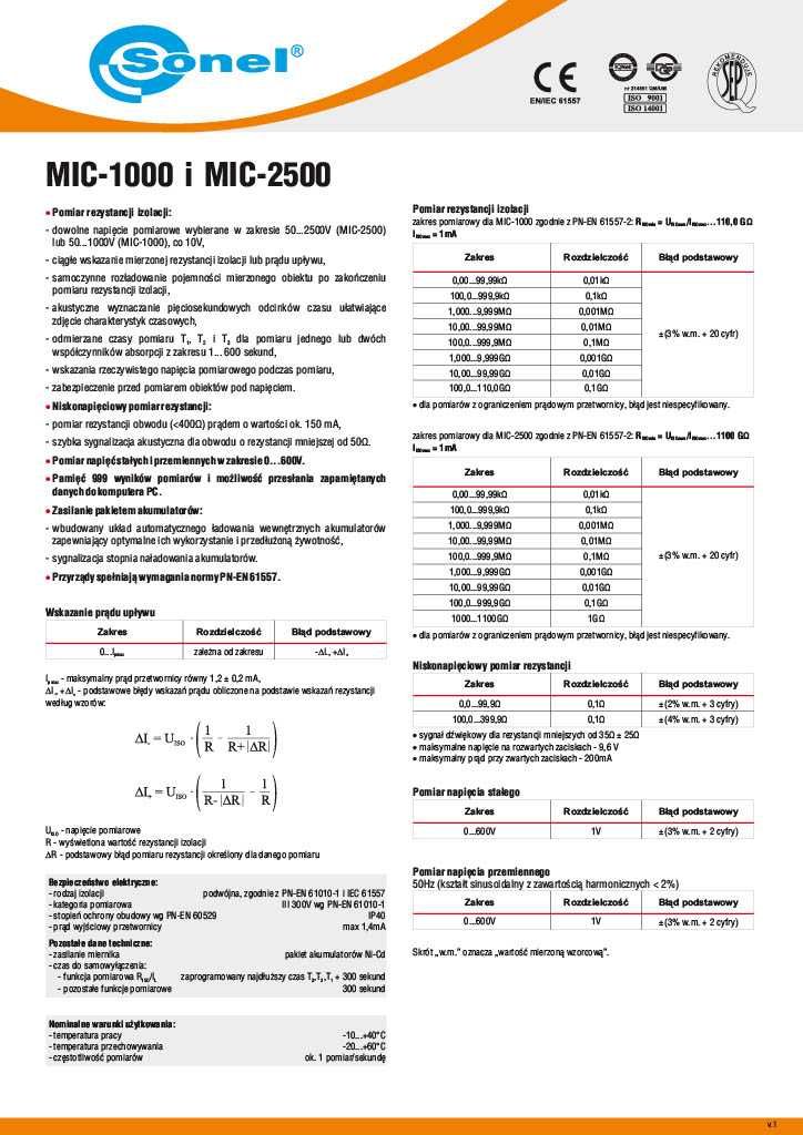 Miernik rezystancji izolacji do 1kV Sonel MIC-1000