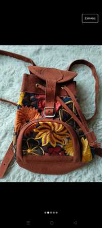 Mały brązowy plecak wzór etniczny stylowy vintage retro boho