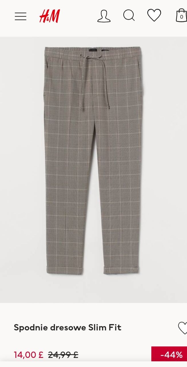 H&M S wygodne beżowe joggery Slim Fit w kratkę pas 38-45cm 94dł