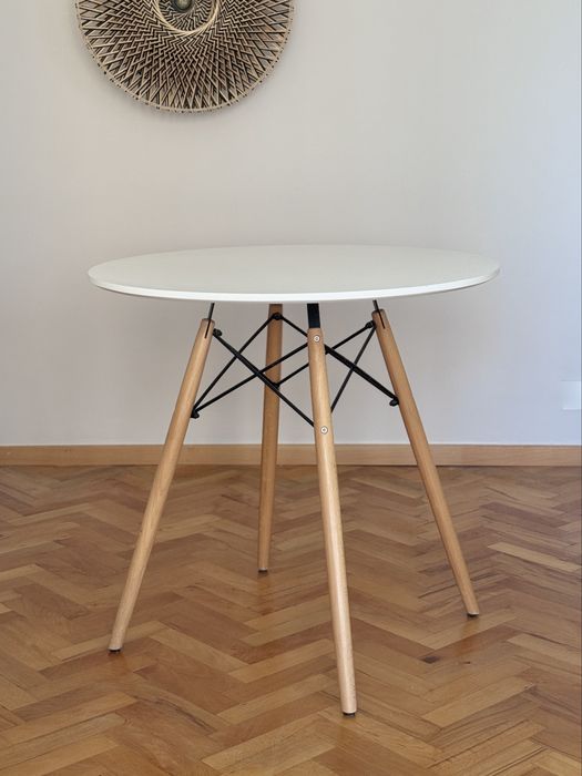 Stół okrągły biały skandynawski 80 cm, drewniane nogi, bardzo stabilny