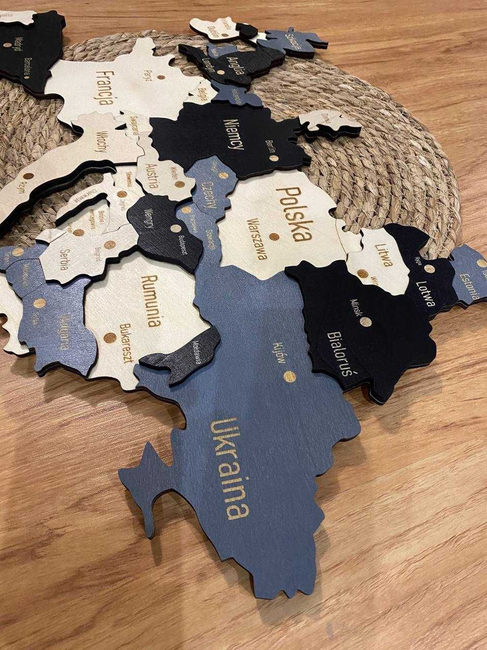Drewniana mapa Europy + Anglia 3D Miasta dekoracja ścienna 600x400