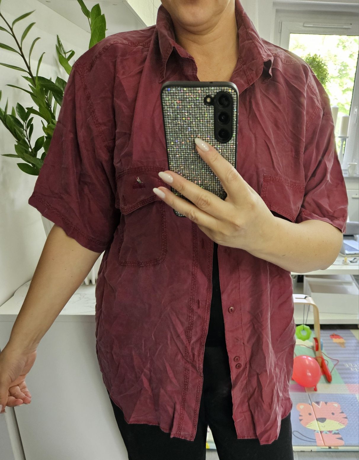 Koszula jedwabna L-XXL jedwab zgaszony  bordowy fortel męska