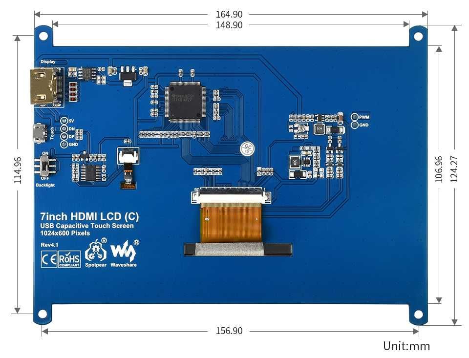 LCD RaspberryPi Ekran dotykowy 1024x600 7" HDMI USB WSR-04688
