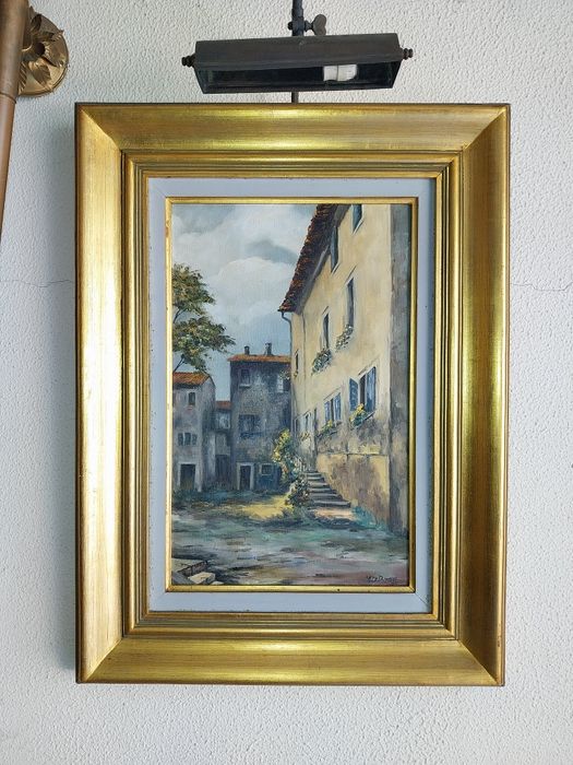 Quadro antigo talha dourada com candeeiro