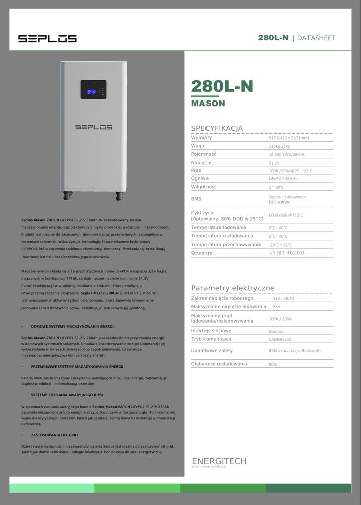 Promocja! Magazyn Energii Mój Prąd SEPLOS 48V 15kWh EVE LiFePO4