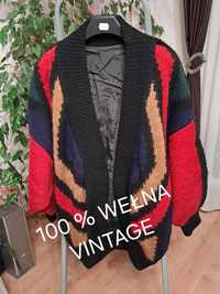 Piękny wełniany kardigan/sweter Vintage oversize