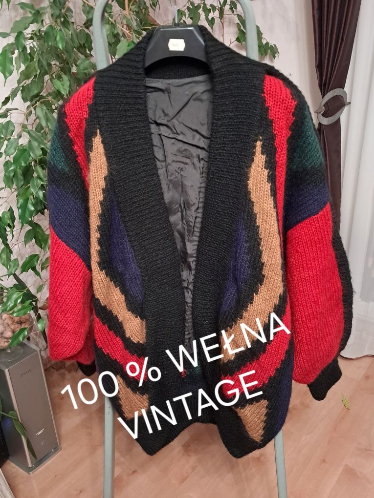 Piękny wełniany kardigan/sweter Vintage oversize