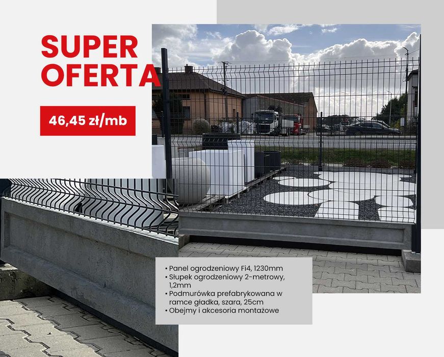 Kompletne ogrodzenie 1230 Fi4 podmur. prefabryk. w ramce gładka 25 cm