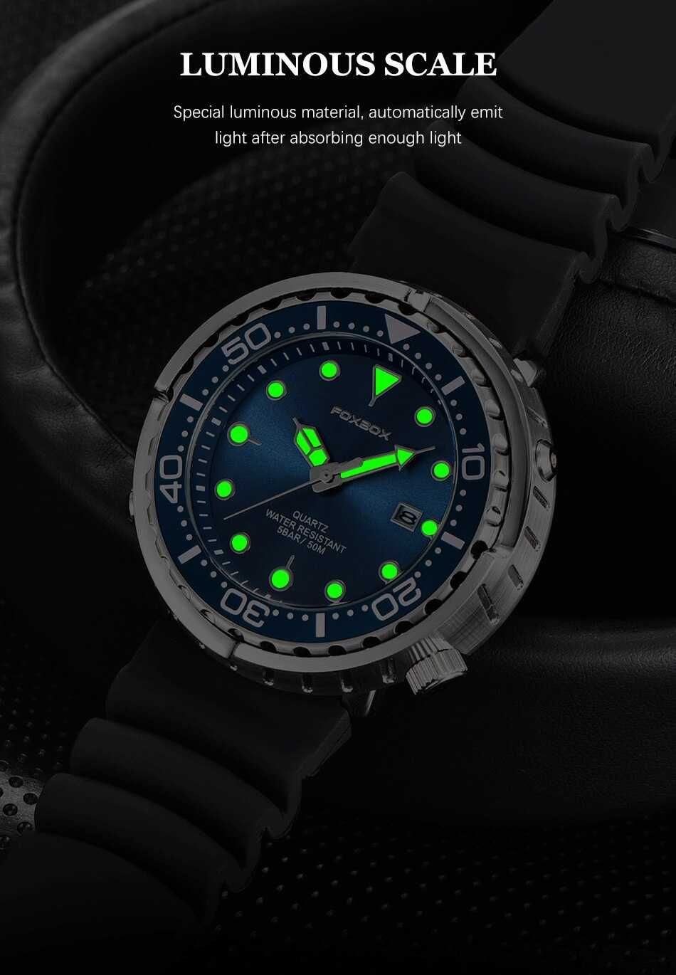 Zegarek Foxbox tuńczyk sportowy bransoleta luma wodoodporny WR50 BOX