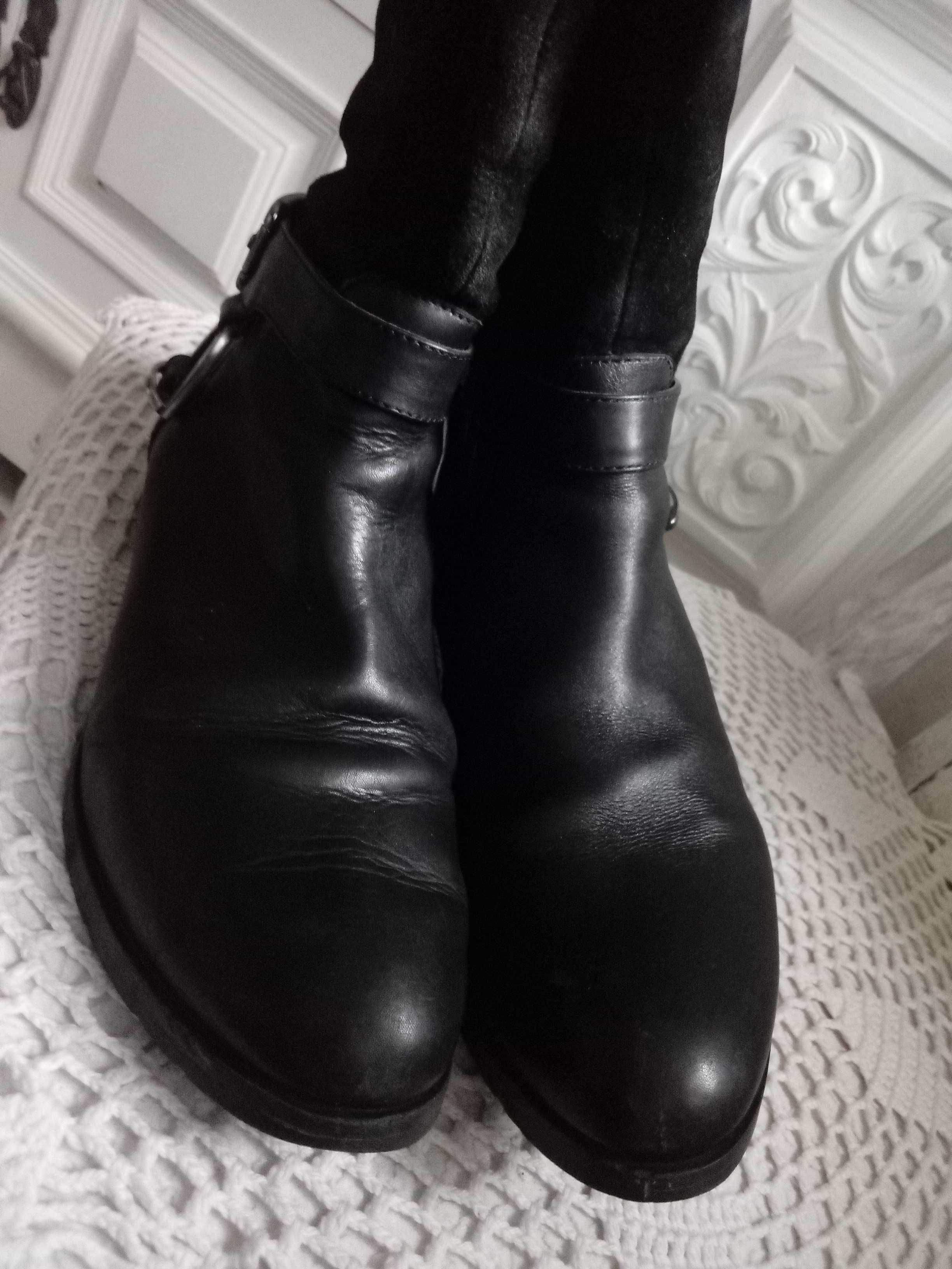 Skórzane buty zimowe damskie kozaki 37 czarne ocieplane zamszowe