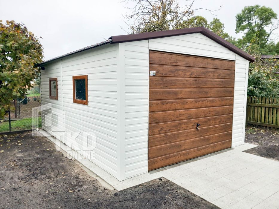 Garaż Blaszany 4X6 Brama 2X Okno - Biały + Ciemny Orzech  Tkd113