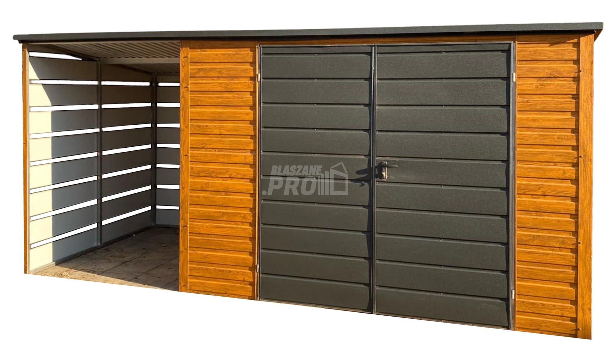Schowek - Domek Ogrodowy 3x2m + wiata 1,5m  j. orzech spad w tył GP559
