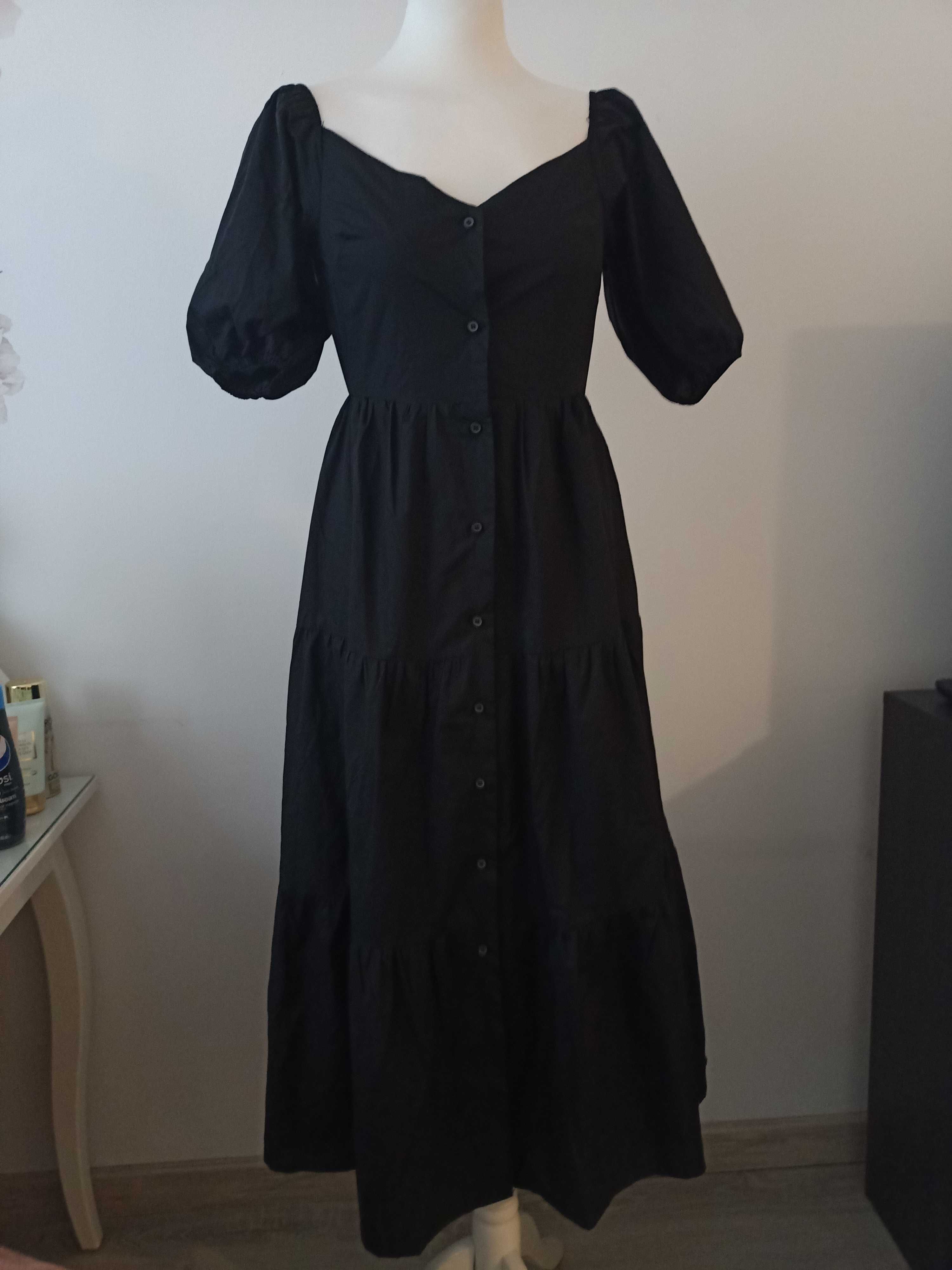 Czarna długa sukienka maxi bez pleców falbanki nowa Daphnea Paris 36 S