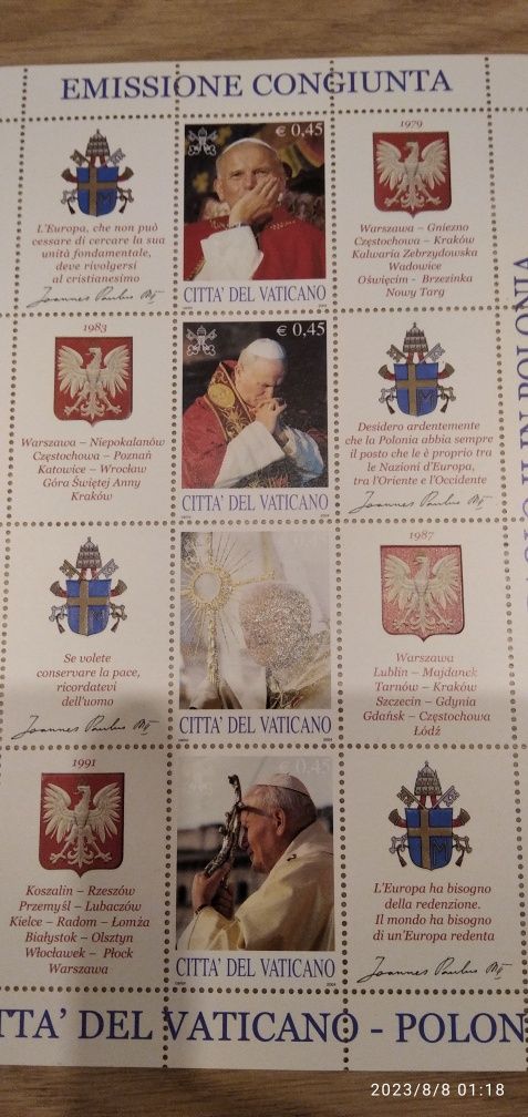 Znaczki czyste citta del Vaticano Polonia papież