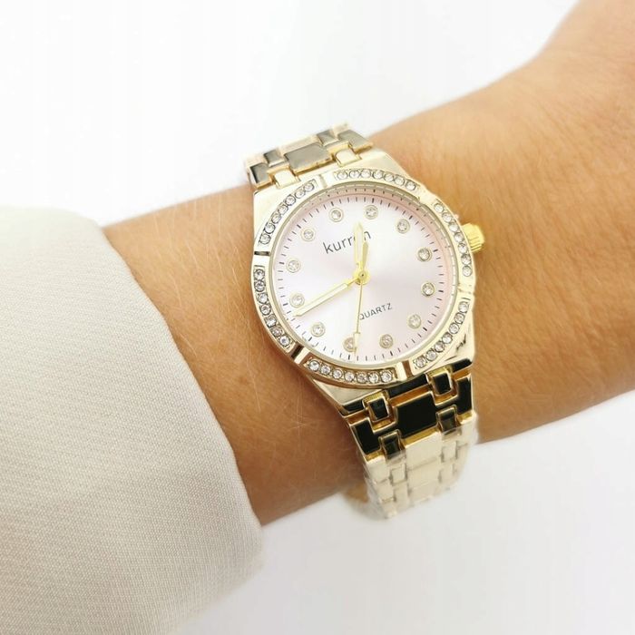 Zegarek Damski Ekskluzywny Złoty Na Bransolecie Różowa Tarcza