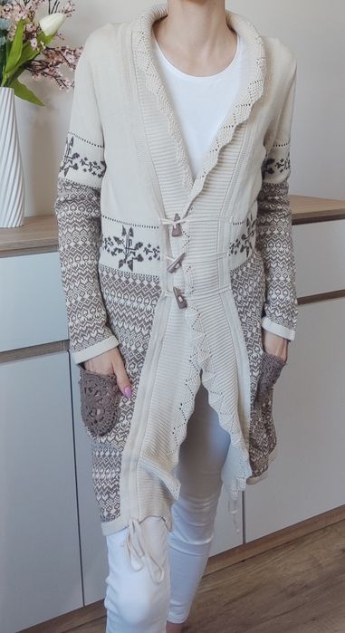 Cream dlugi kardigan sweter wzór norweski 100% bawełna s 36