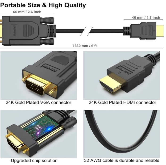 BENFEI Shuliancable Kabel HDMI–VGA dł. 1,8 m z pozłacanymi wtykami