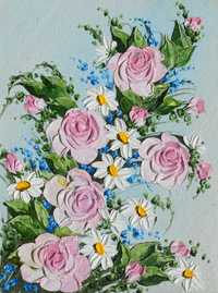 Картина маслом Троянди та ромашки Натюрморт квітів Цветы ромашки