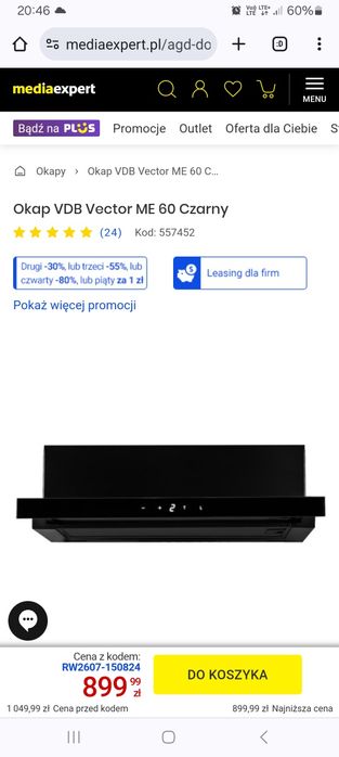 Okap pochłaniacz do zabudowy 60cm czarny