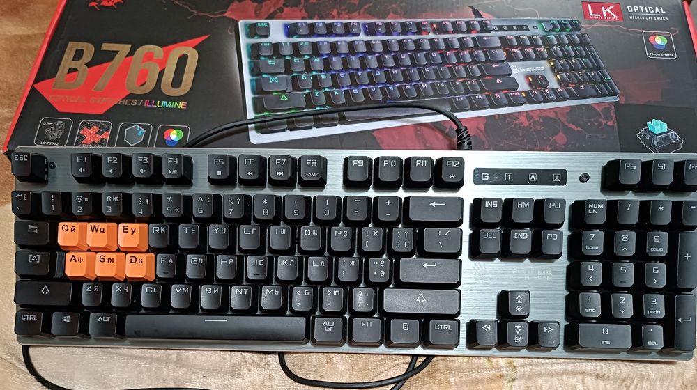 Клавиатура Bloody B760, кликающая тактильная, 100%, optical switch