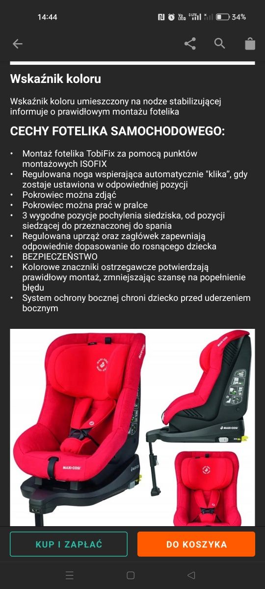Fotelik samochodowy maxi Cosi Tobifix z systemem ISOFIX 9-18kg 25kg