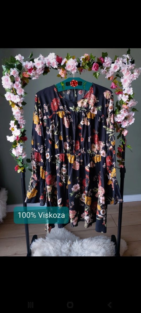 Damska sukienka H&M czarna w kwiaty z długim rękawem L/ XL 100% viskoz