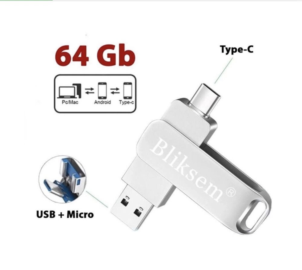 Флеш накопичувач-пам'ять 3в1 Bliksem TYPE-C+Micro USB+USB2.0 OTG 64GB