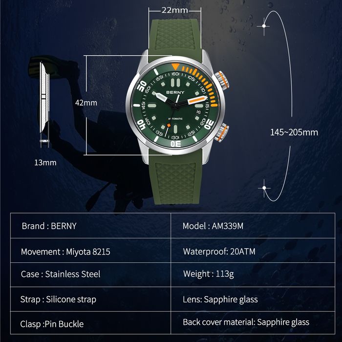 Годинник Berny 42мм AM339M зелений