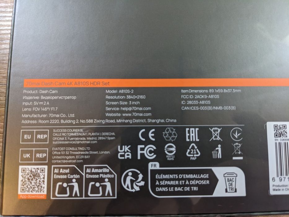 A810s 70mai Видеорегистратор Dash Cam Set 4K c задней камерой RC24