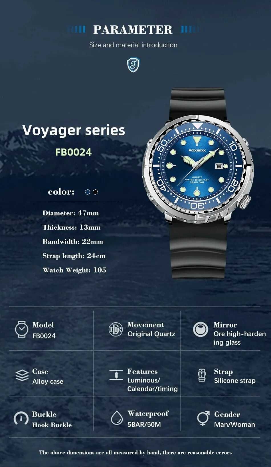 Duży zegarek Foxbox Voyager 47mm niebieski tuńczyk wodoszczelny WR50