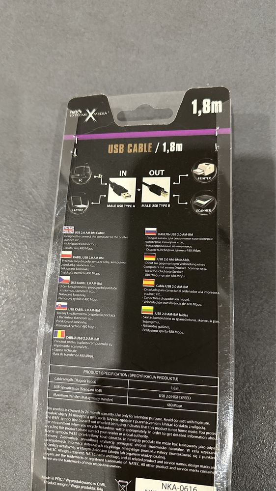 Kabel usb-a/ usb-b natec media 1,8 m