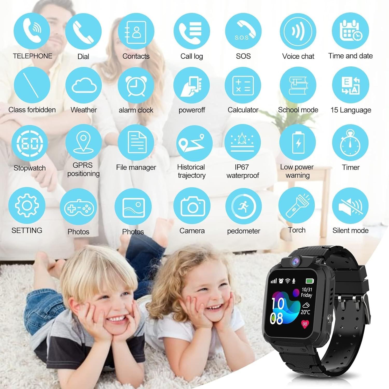 Smartwatch dla dzieci, telefon z GPS, IP68