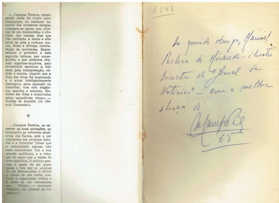 1680 Jornal de Um Romancista I Volume de Manuel de Campos Pereira